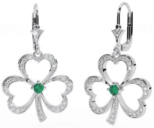 Diamond Emerald White Gold Shamrock Dangle Earrings