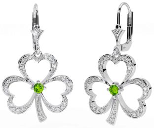 Diamond Peridot White Gold Shamrock Dangle Earrings