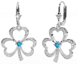 Diamond Topaz White Gold Shamrock Dangle Earrings