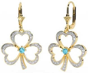 Diamond Aquamarine Gold Shamrock Dangle Earrings