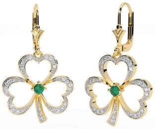 Diamond Emerald Gold Shamrock Dangle Earrings