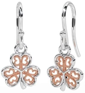 Rose Gold Silver Shamrock Dangle Earrings