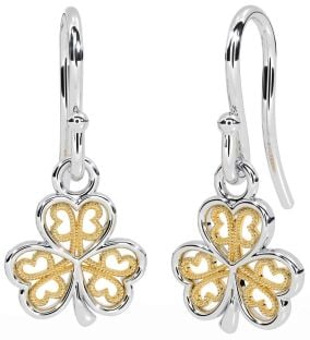 White Yellow Gold Shamrock Dangle Earrings