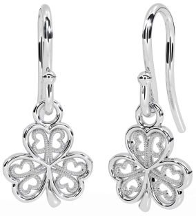 White Gold Shamrock Dangle Earrings