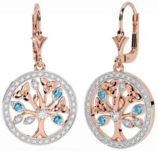 Diamond Aquamarine Rose Gold Silver Celtic Tree of Life Trinity Knot Dangle Earrings