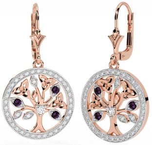 Diamond Alexandrite Rose Gold Silver Celtic Tree of Life Trinity Knot Dangle Earrings