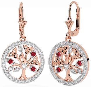 Diamond Ruby Rose Gold Silver Celtic Tree of Life Trinity Knot Dangle Earrings