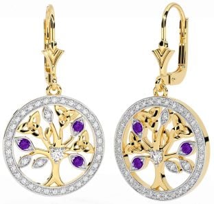 Diamond Amethyst Gold Silver Celtic Tree of Life Trinity Knot Dangle Earrings