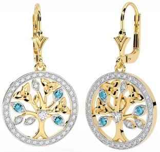 Diamond Aquamarine Gold Silver Celtic Tree of Life Trinity Knot Dangle Earrings