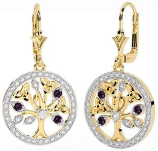 Diamond Alexandrite Gold Silver Celtic Tree of Life Trinity Knot Dangle Earrings