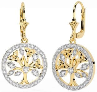 Diamond Gold Silver Celtic Tree of Life Trinity Knot Dangle Earrings