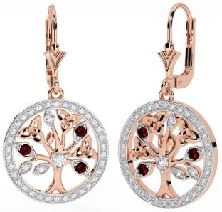 Diamond Garnet Rose Gold Celtic Tree of Life Trinity Knot Dangle Earrings