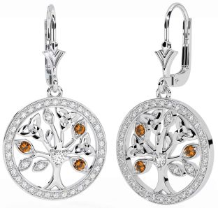 Diamond Citrine Silver Celtic Tree of Life Trinity Knot Dangle Earrings