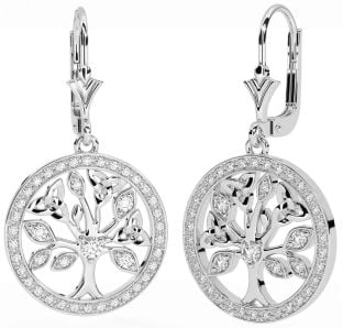 Diamond Silver Celtic Tree of Life Trinity Knot Dangle Earrings