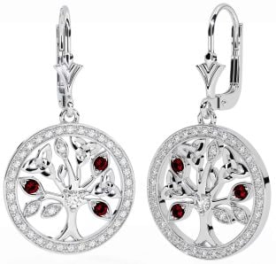 Diamond Garnet Silver Celtic Tree of Life Trinity Knot Dangle Earrings