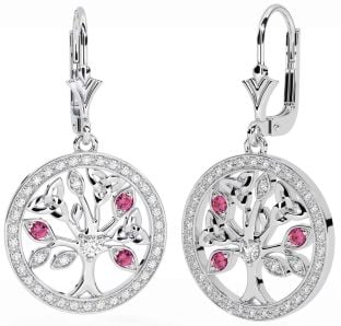 Diamante Rosa turmalina Plata céltico Árbol de Vida Trinidad Nudo Colgar Pendientes