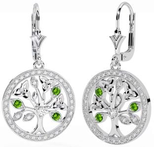 Diamond Peridot Silver Celtic Tree of Life Trinity Knot Dangle Earrings