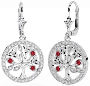 Diamond Ruby Silver Celtic Tree of Life Trinity Knot Dangle Earrings