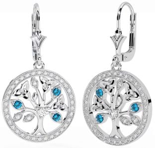 Diamond Topaz Silver Celtic Tree of Life Trinity Knot Dangle Earrings