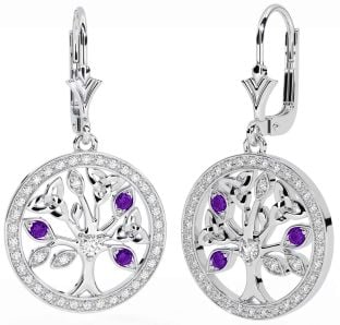 Diamond Amethyst White Gold Celtic Tree of Life Trinity Knot Dangle Earrings