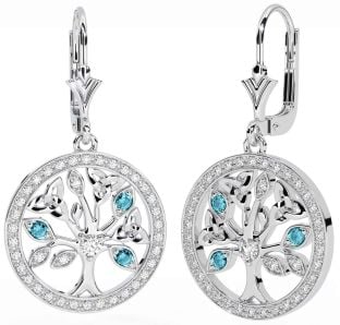 Diamond Aquamarine White Gold Celtic Tree of Life Trinity Knot Dangle Earrings