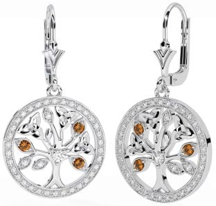 Diamond Citrine White Gold Celtic Tree of Life Trinity Knot Dangle Earrings