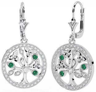 Diamant émeraude Blanc Or celtique Arbre de Vie Trinité Noeud Pendre Des boucles d'oreilles