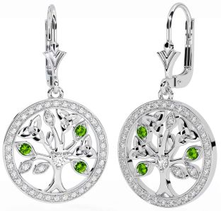 Diamond Peridot White Gold Celtic Tree of Life Trinity Knot Dangle Earrings