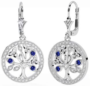 Diamond Sapphire White Gold Celtic Tree of Life Trinity Knot Dangle Earrings