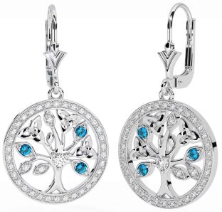 Diamond Topaz White Gold Celtic Tree of Life Trinity Knot Dangle Earrings