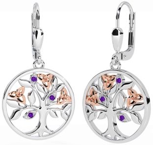 Amethyst Rose Gold Silver Celtic Tree of Life Trinity Knot Dangle Earrings