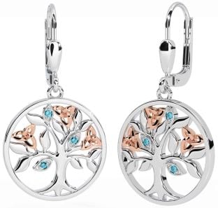 Aquamarine Rose Gold Silver Celtic Tree of Life Trinity Knot Dangle Earrings