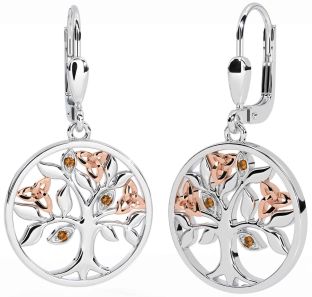 Citrine Rose Gold Silver Celtic Tree of Life Trinity Knot Dangle Earrings