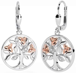 Diamond Rose Gold Silver Celtic Tree of Life Trinity Knot Dangle Earrings