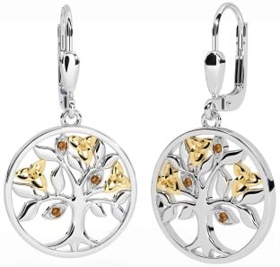 Citrine Gold Silver Celtic Tree of Life Trinity Knot Dangle Earrings