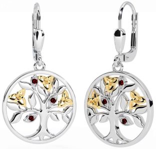 Garnet Gold Silver Celtic Tree of Life Trinity Knot Dangle Earrings