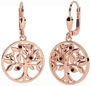 Garnet Rose Gold Silver Celtic Tree of Life Trinity Knot Dangle Earrings