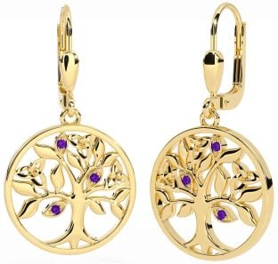 Amethyst Gold Silver Celtic Tree of Life Trinity Knot Dangle Earrings