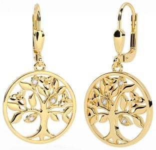 Diamond Gold Silver Celtic Tree of Life Trinity Knot Dangle Earrings