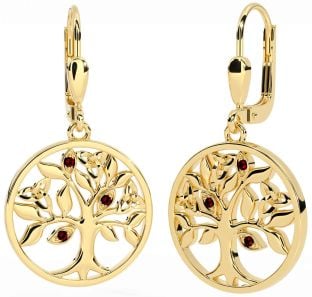 Garnet Gold Silver Celtic Tree of Life Trinity Knot Dangle Earrings