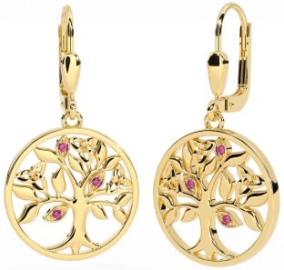 Pink Tourmaline Gold Silver Celtic Tree of Life Trinity Knot Dangle Earrings