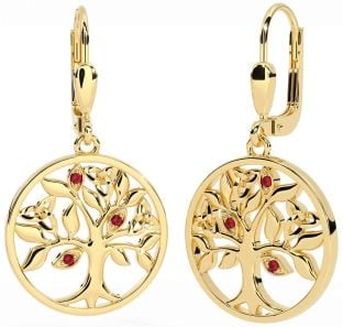 Ruby Gold Silver Celtic Tree of Life Trinity Knot Dangle Earrings