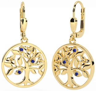 Sapphire Gold Silver Celtic Tree of Life Trinity Knot Dangle Earrings