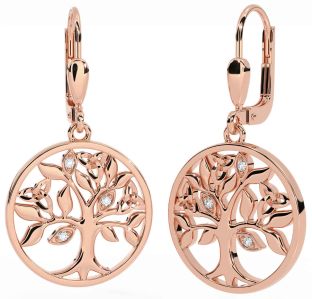 Diamond Rose Gold Celtic Tree of Life Trinity Knot Dangle Earrings