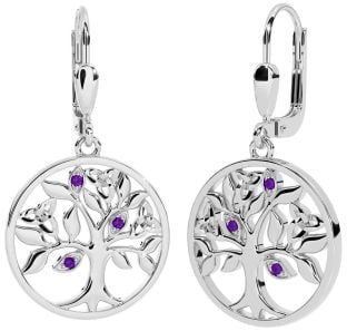 Amethyst Silver Celtic Tree of Life Trinity Knot Dangle Earrings