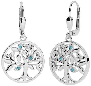 Aquamarine Silver Celtic Tree of Life Trinity Knot Dangle Earrings