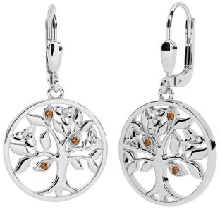 Citrine Silver Celtic Tree of Life Trinity Knot Dangle Earrings