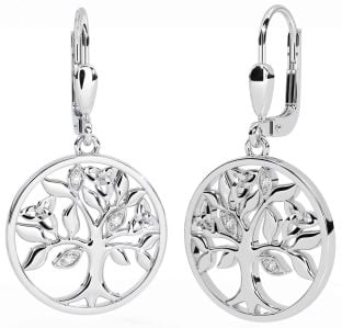 Diamond Silver Celtic Tree of Life Trinity Knot Dangle Earrings