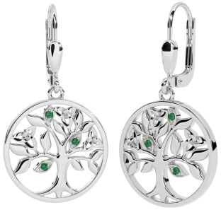 Emerald Silver Celtic Tree of Life Trinity Knot Dangle Earrings