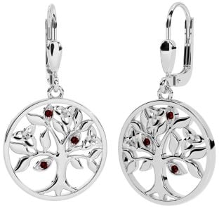 Garnet Silver Celtic Tree of Life Trinity Knot Dangle Earrings